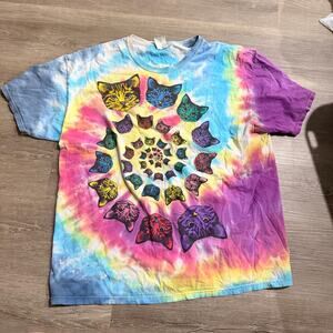 Vintage Y2K Tie-Dyed Cat Hypnotic Tee Womens Size Large